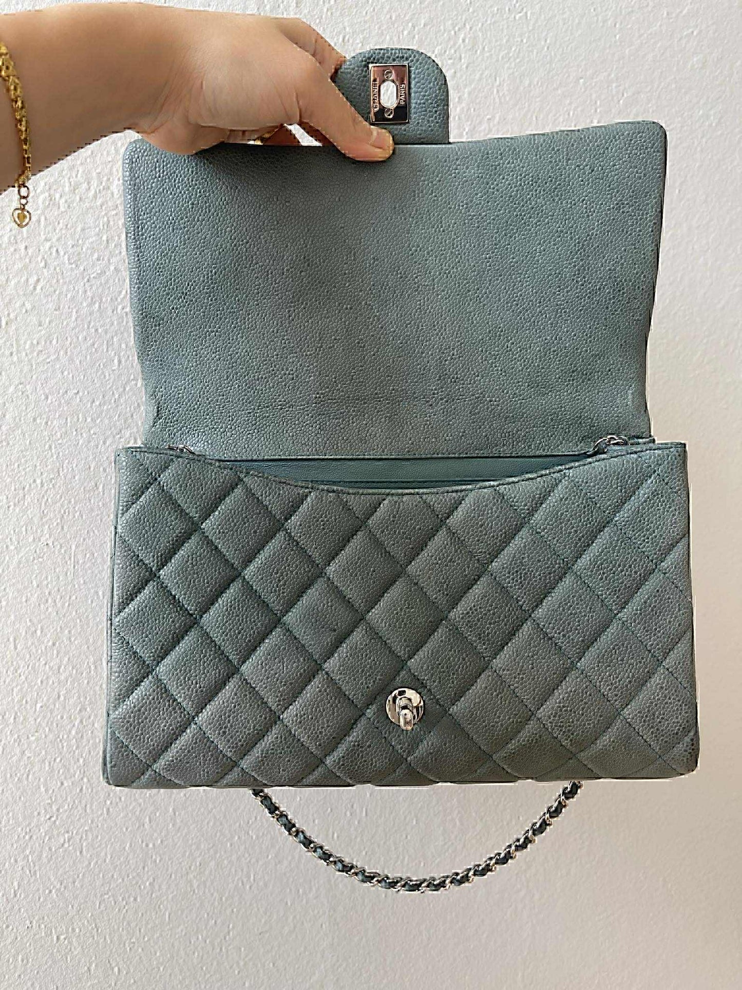 Chanel Classic Diamond Quilted Sage Green Caviar Clutch On Chain SHW