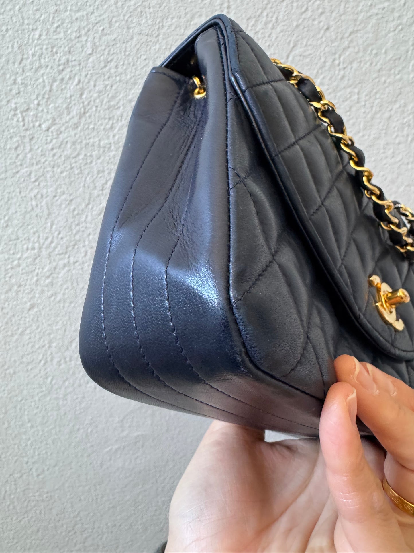 Chanel Navy Diamond Quilted Lambskin Crossbody Bag with 24k Gold Chain