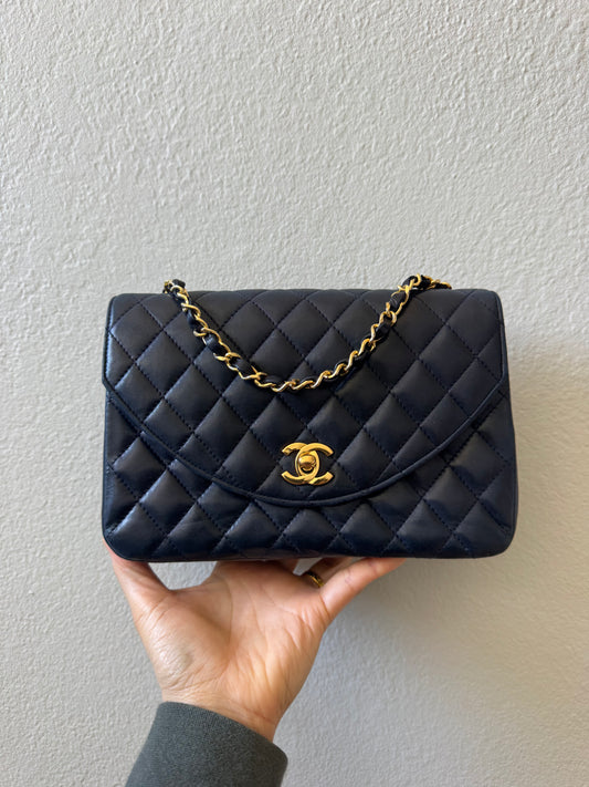 Chanel Navy Diamond Quilted Lambskin Crossbody Bag with 24k Gold Chain