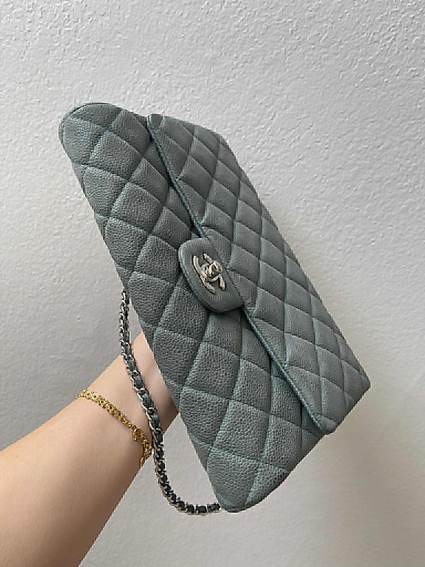 Chanel Classic Diamond Quilted Sage Green Caviar Clutch On Chain SHW