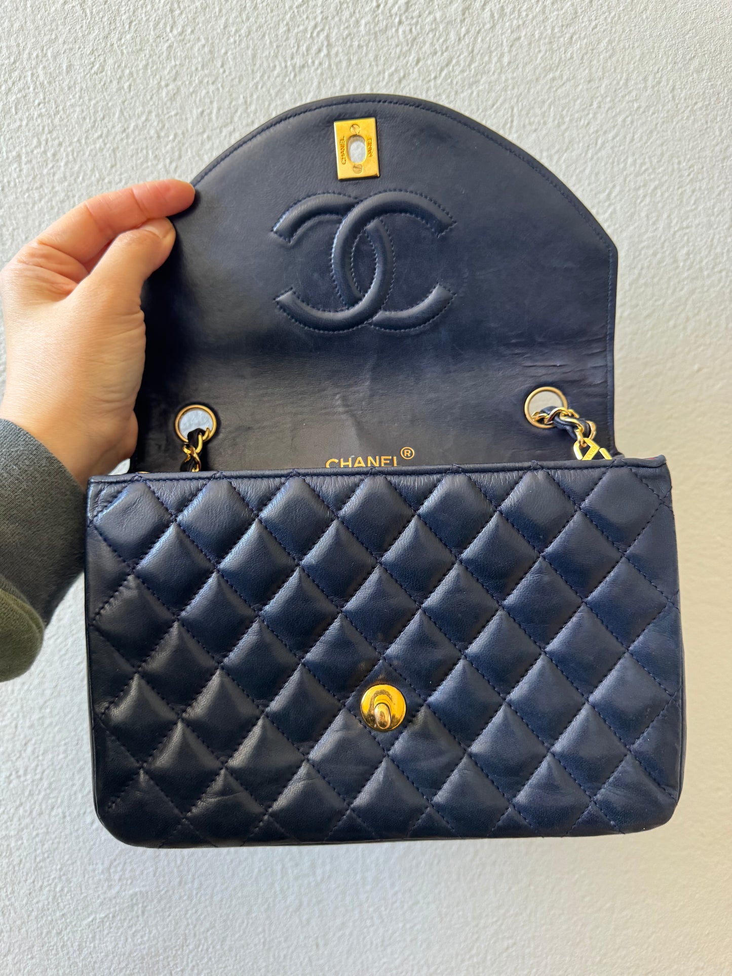 Chanel Navy Diamond Quilted Lambskin Crossbody Bag with 24k Gold Chain