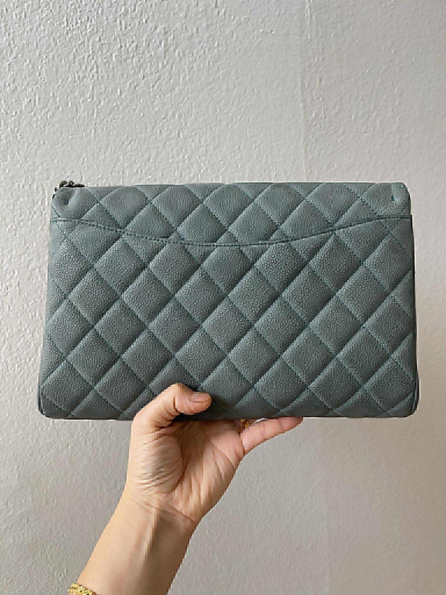 Chanel Classic Diamond Quilted Sage Green Caviar Clutch On Chain SHW