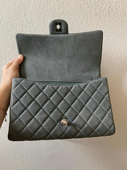 Chanel Classic Diamond Quilted Sage Green Caviar Clutch On Chain SHW