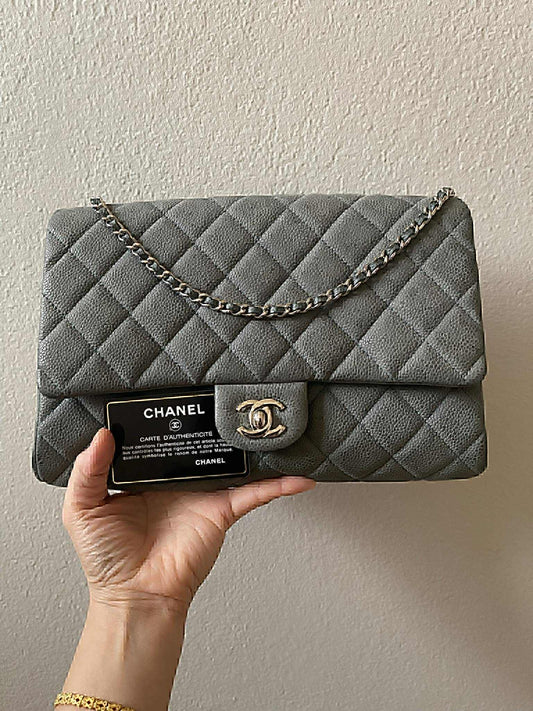 Chanel Classic Diamond Quilted Sage Green Caviar Clutch On Chain SHW