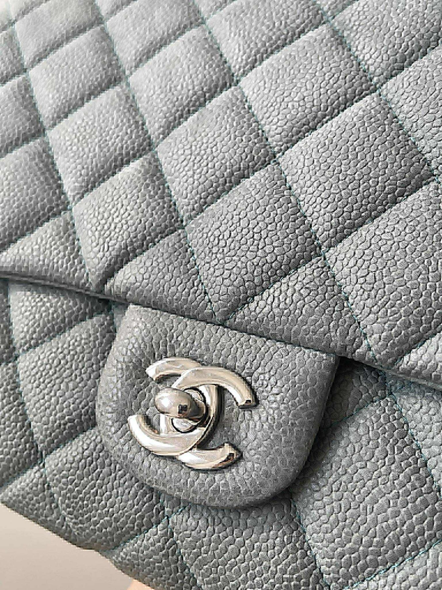 Chanel Classic Diamond Quilted Sage Green Caviar Clutch On Chain SHW