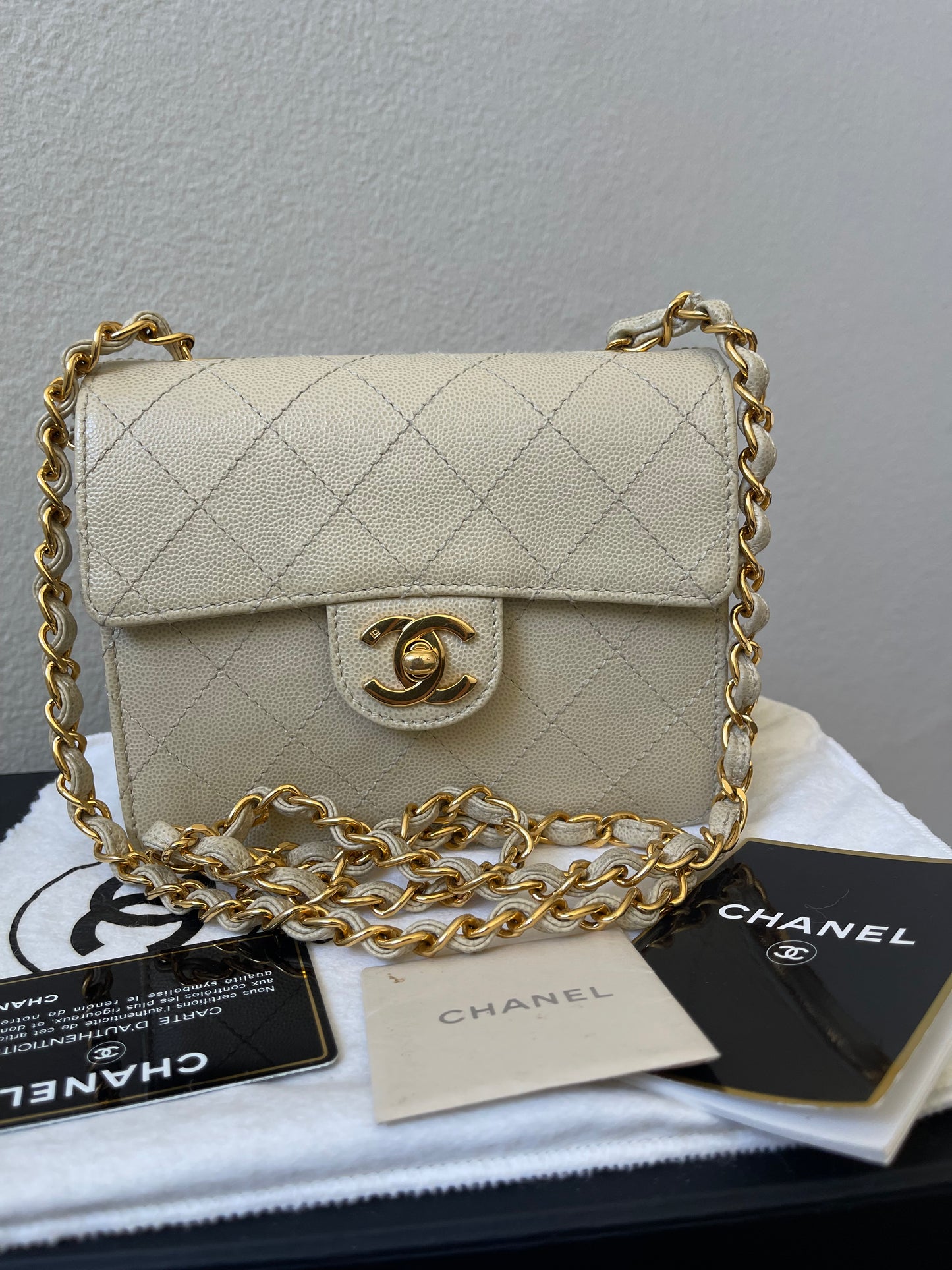 Chanel Vintage Caviar Beige Mini Square with 24K GHW