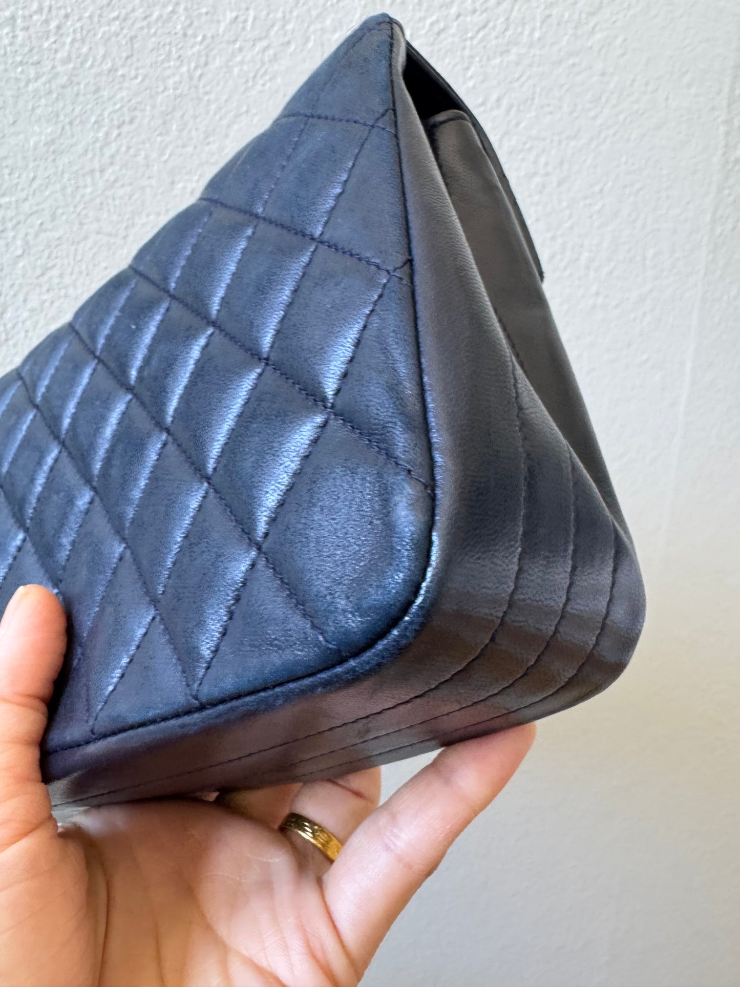 Chanel Navy Diamond Quilted Lambskin Crossbody Bag with 24k Gold Chain