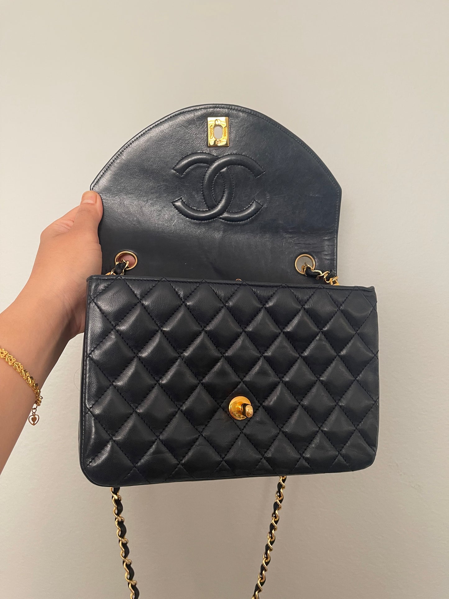 Chanel Navy Diamond Quilted Lambskin Crossbody Bag with 24k Gold Chain
