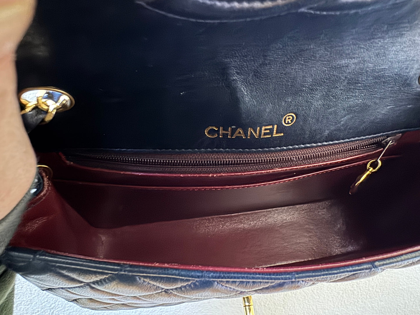 Chanel Navy Diamond Quilted Lambskin Crossbody Bag with 24k Gold Chain