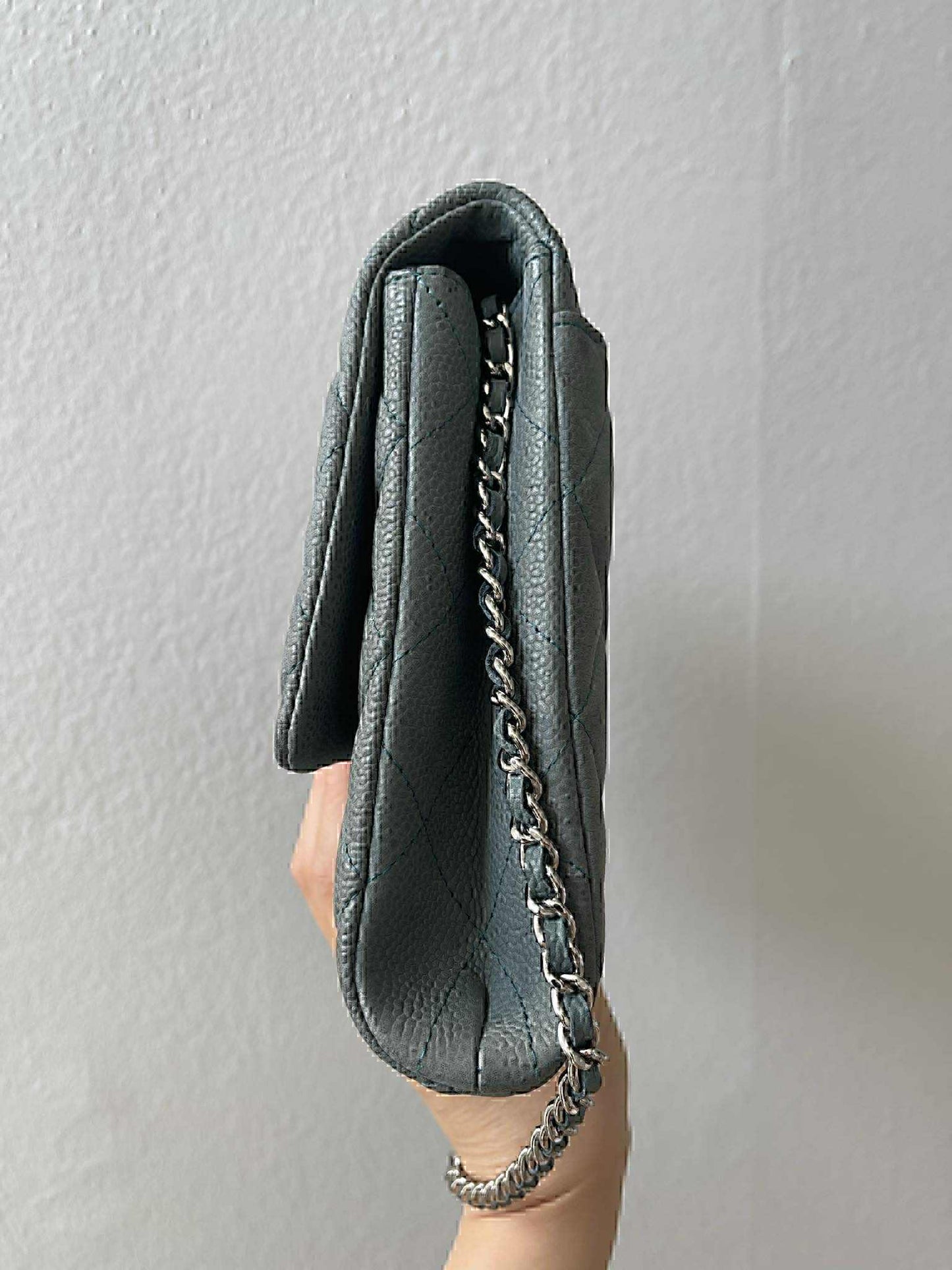 Chanel Classic Diamond Quilted Sage Green Caviar Clutch On Chain SHW