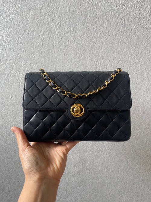 Chanel Vintage Black Lambskin Flap Bag Special Turnlock w 24K GHW