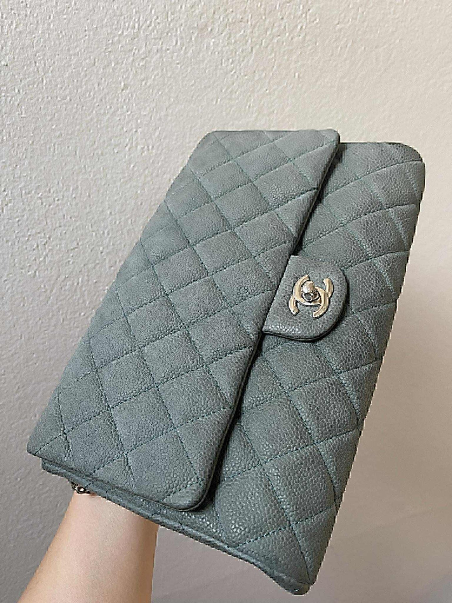 Chanel Classic Diamond Quilted Sage Green Caviar Clutch On Chain SHW