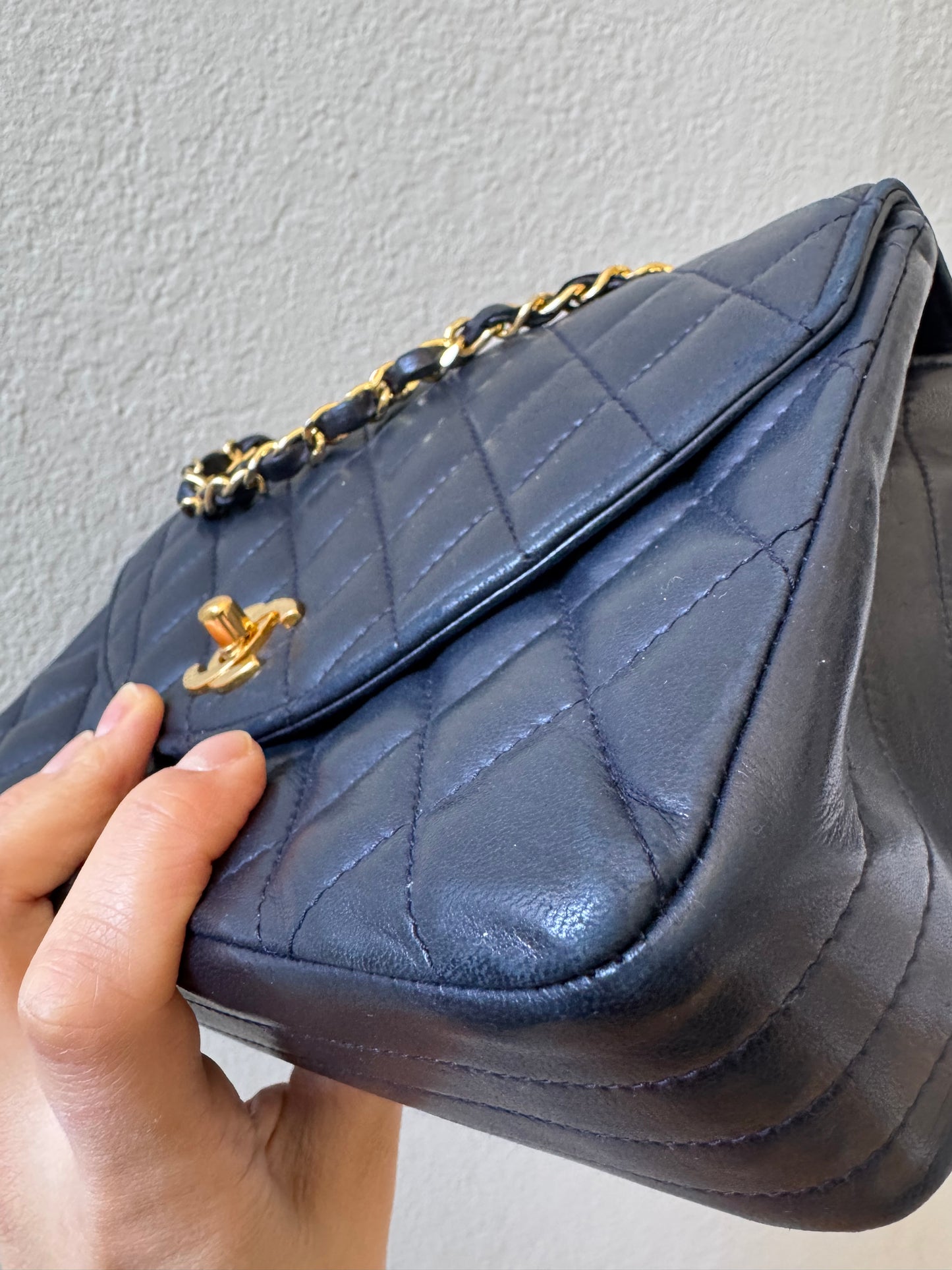 Chanel Navy Diamond Quilted Lambskin Crossbody Bag with 24k Gold Chain