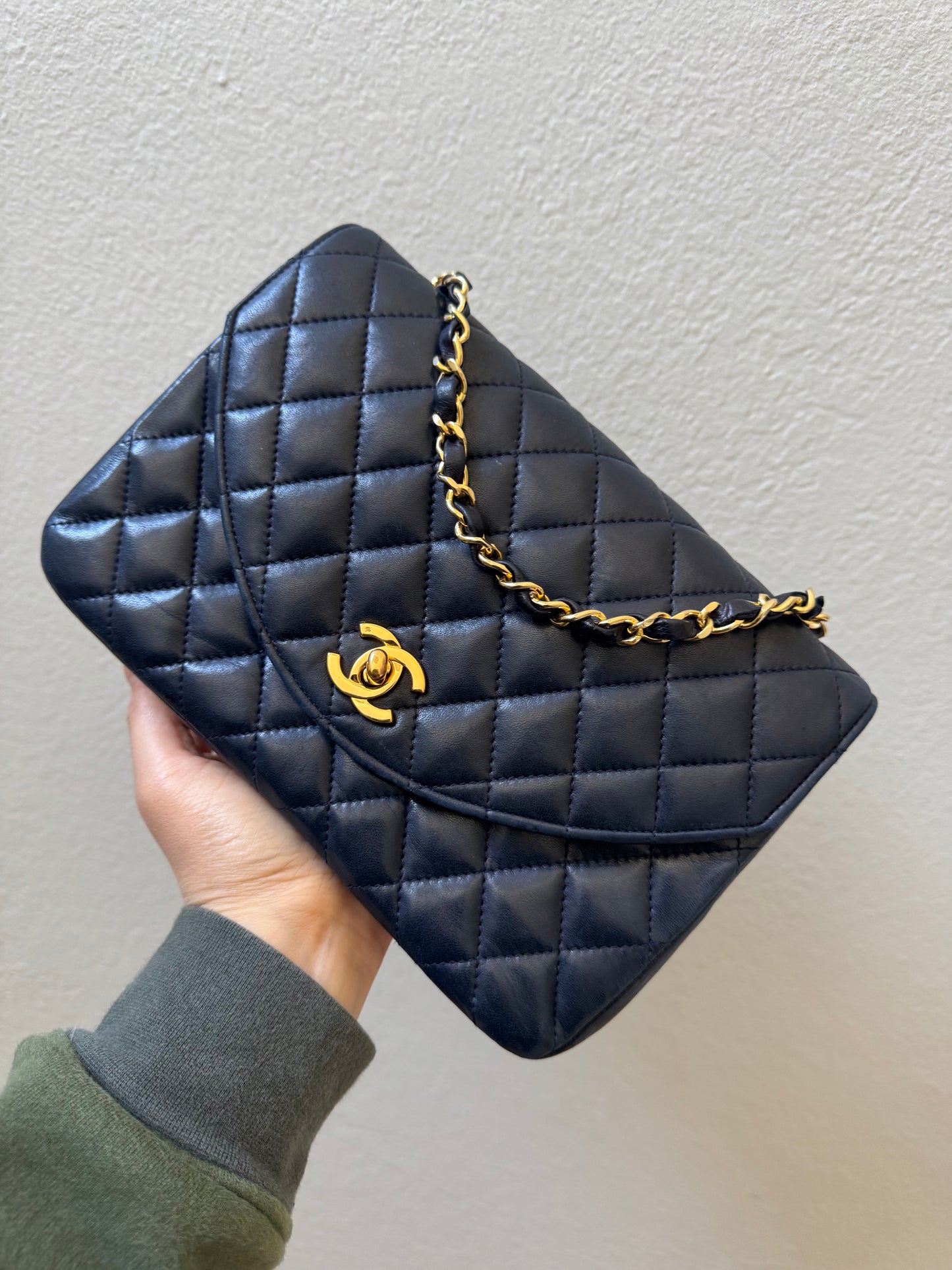 Chanel Navy Diamond Quilted Lambskin Crossbody Bag with 24k Gold Chain